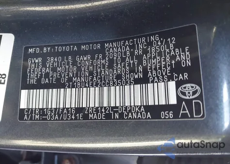 2012 Toyota Corolla L из США, поврежденный, VIN 2T1BU4EE2CC835035